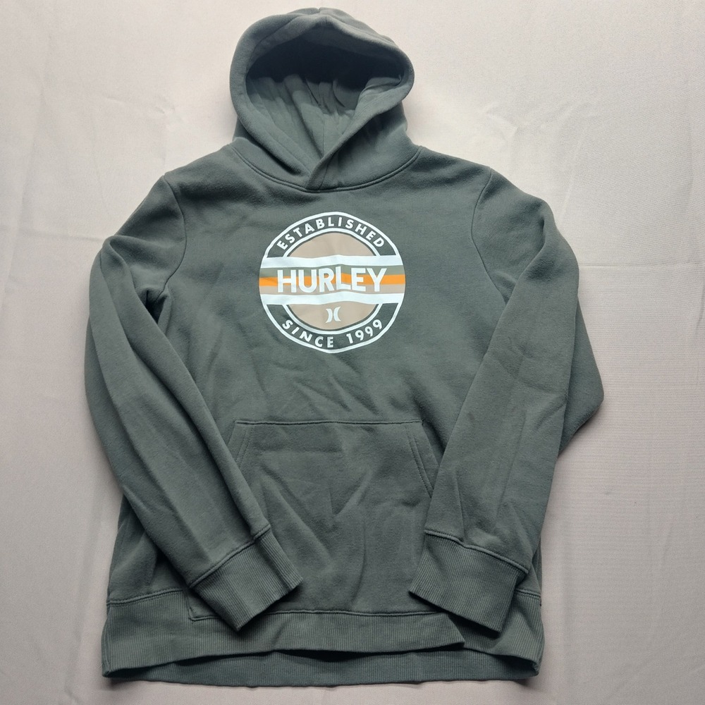 Hurley Boys Hoodie Olive Green Graphic Pullover Sweatshirt Size L 14/16